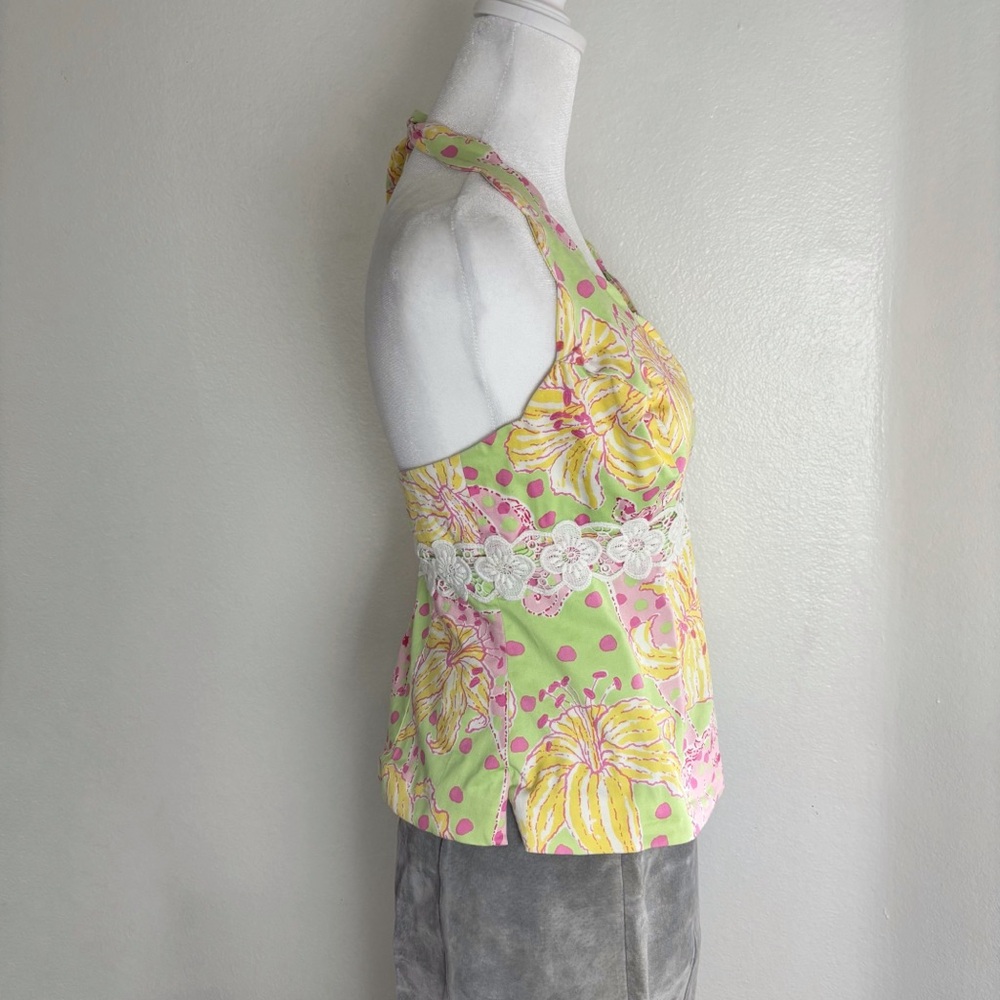 Lilly Pulitzer Green Pink Floral Halter Top w/ Lace Waist Detail Size 8 - Picture 5 of 7